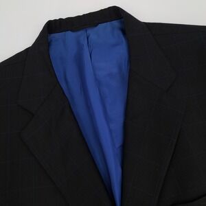 Tom James Bespoke Blazer Mens 46L Wool Black Blue Windowpane 3-Button Jacket